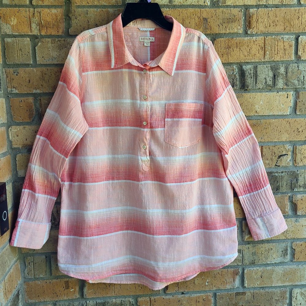Merona Womens Size XXL Top Blouse Popover Long Sleeves Salmon Ombre